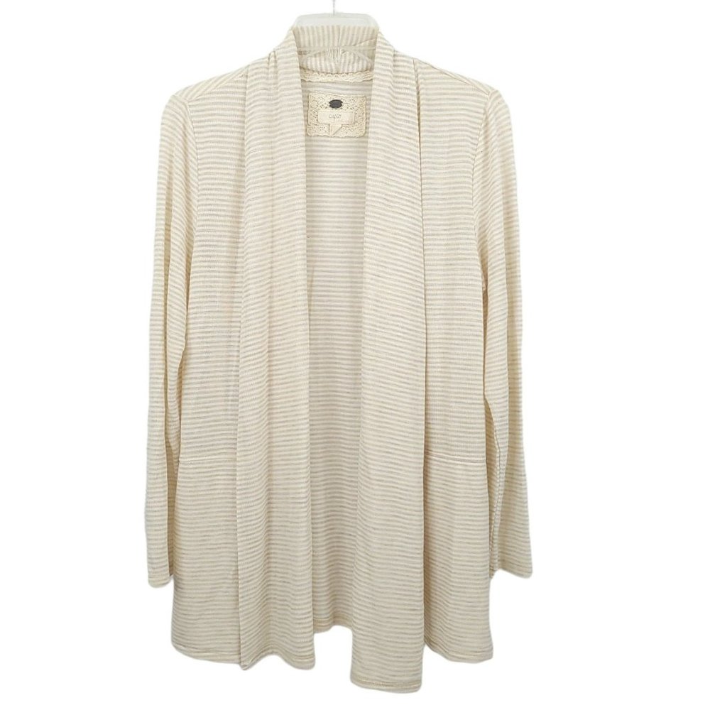 Cupio Open Front Cardigan Sweater Size M Slash Pockets Beige Brown Stripe - Picture 8 of 9